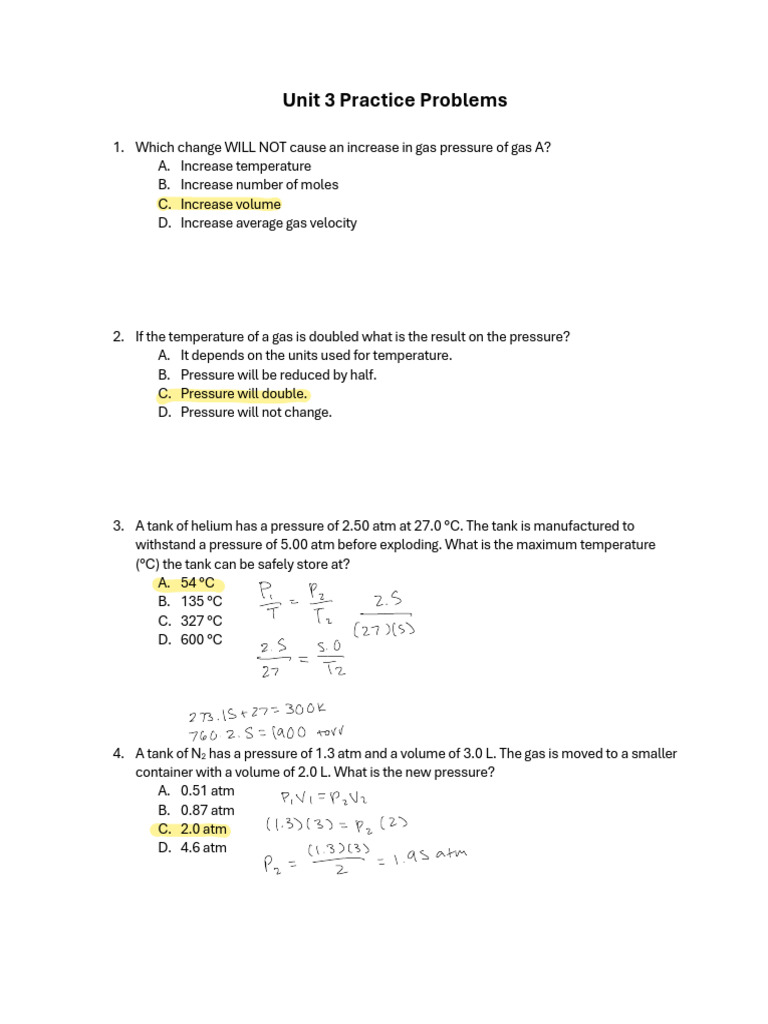 CH+301 Unit+3+Practice+Problems | PDF | Gases | Chemical Bond