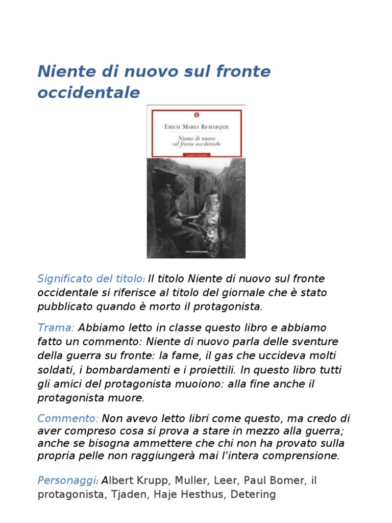 Niente Di Nuovo Sul Fronte Occidentale Scheda Libro