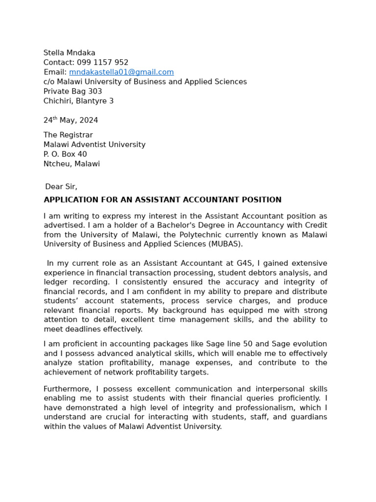 Assistant Accountant Application Letter | PDF