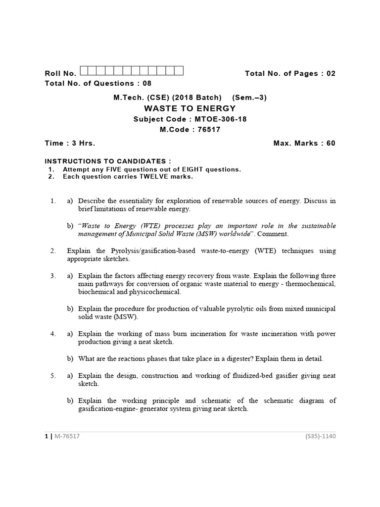 Mtech 3 Sem Cse Waste To Energy 76517 Dec 2024 | PDF | Biofuel | Energy ...