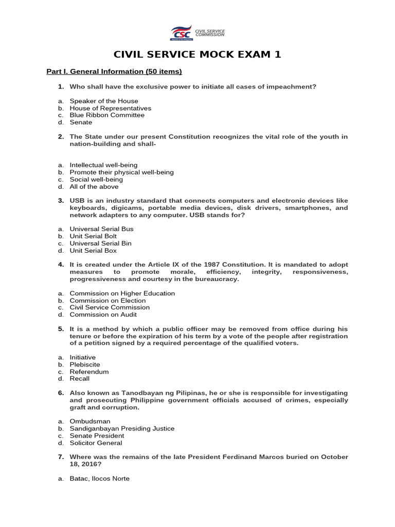 Civil Service Mock Exam Sample Questions | PDF