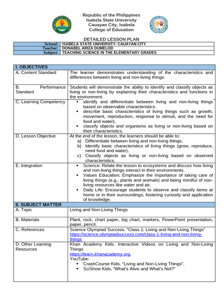 Grade 1 Lesson Plan: Living vs Non-Living | PDF | Learning | Life