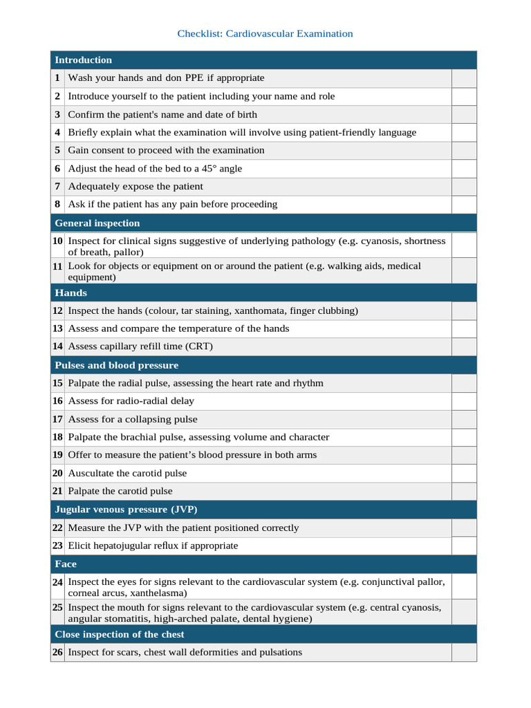 Cardiovascular Examination Checklist | PDF | Cardiovascular System | Heart