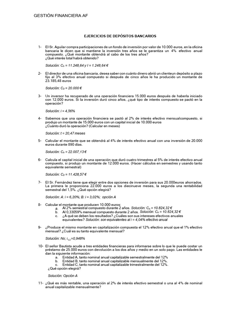 Ejercicios de Gestión Financiera | PDF | Interés | Bancos