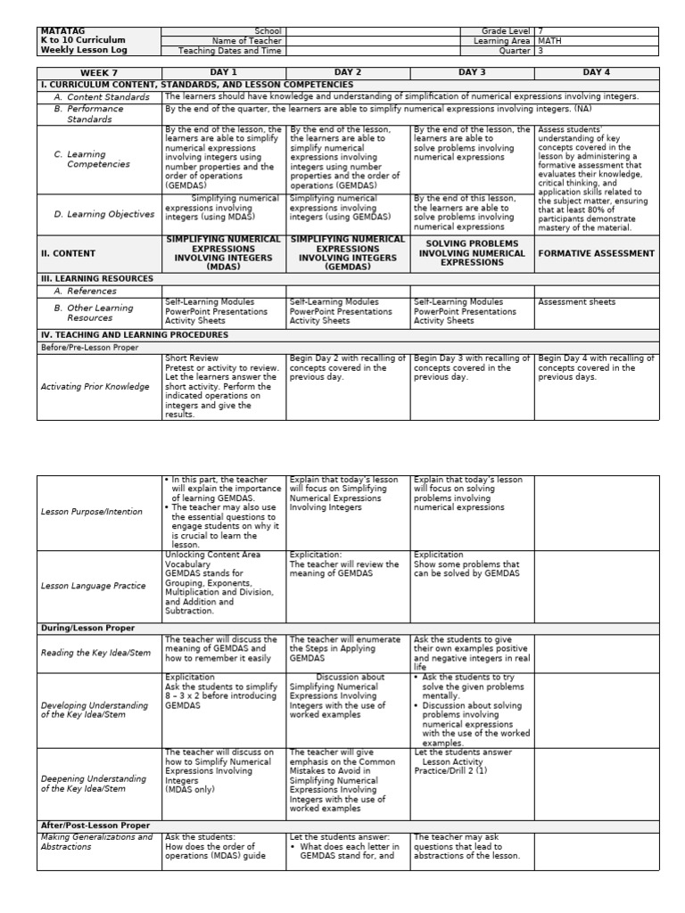 DLL math 7 Q3 w7 | PDF | Educational Assessment | Learning