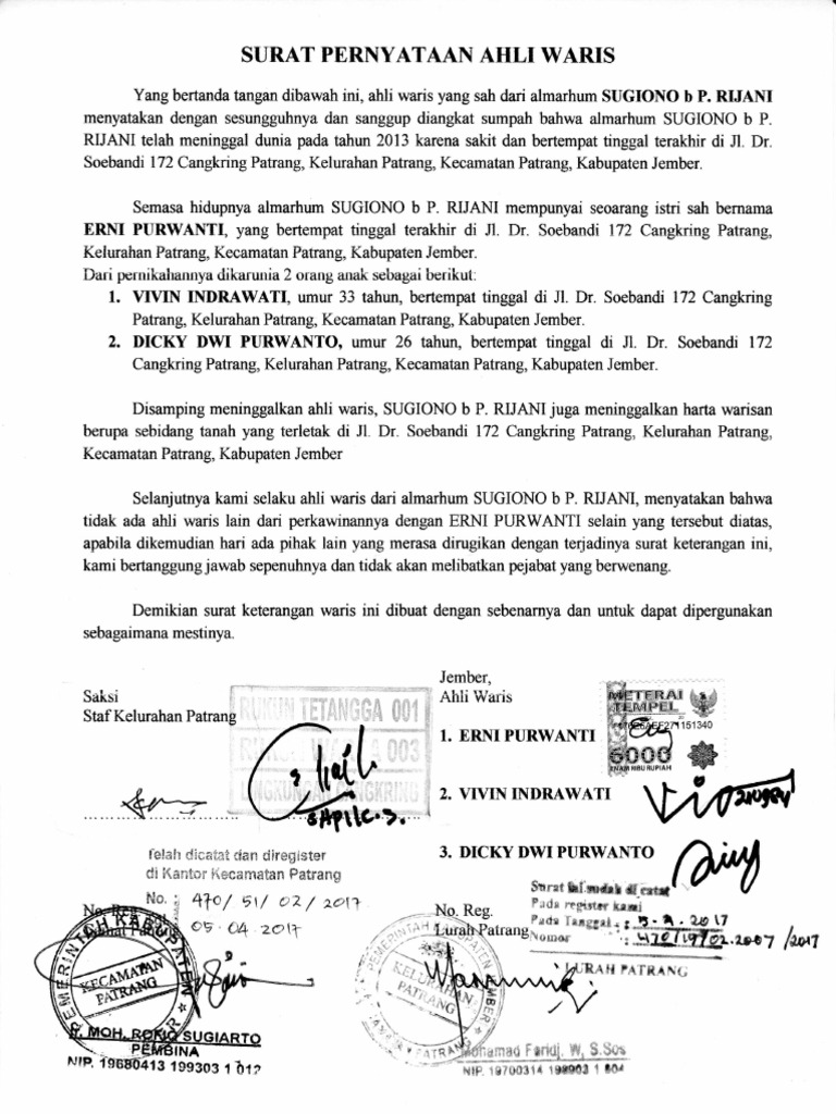 Surat Pernyataan Waris SUGIONO RIJANI | PDF