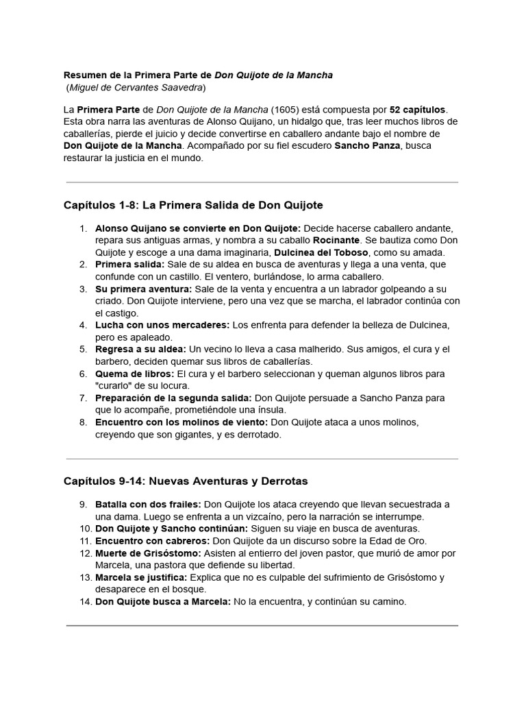 Resumen de La Primera Parte de Don Quijote de La Mancha | PDF | Don ...