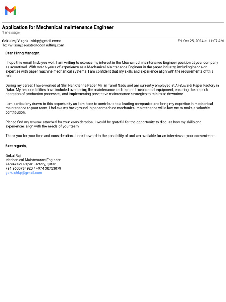 Gmail - Application for Mechanical maintenance Engineer | PDF