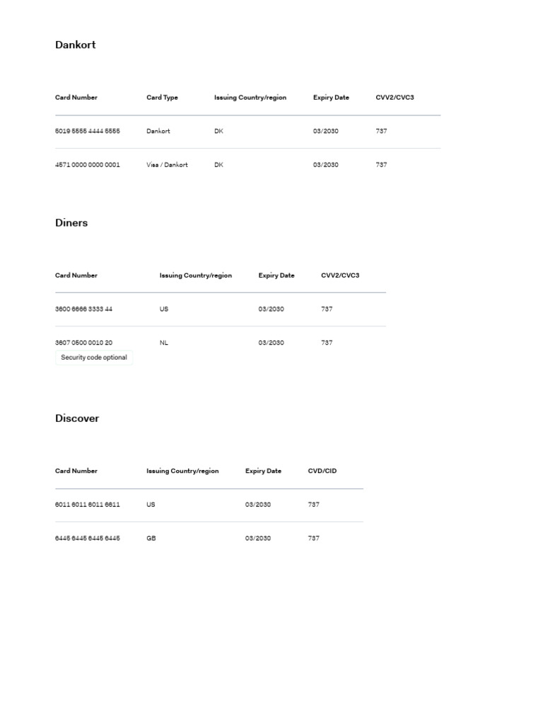 Adyen Test Card Numbers Overview | PDF
