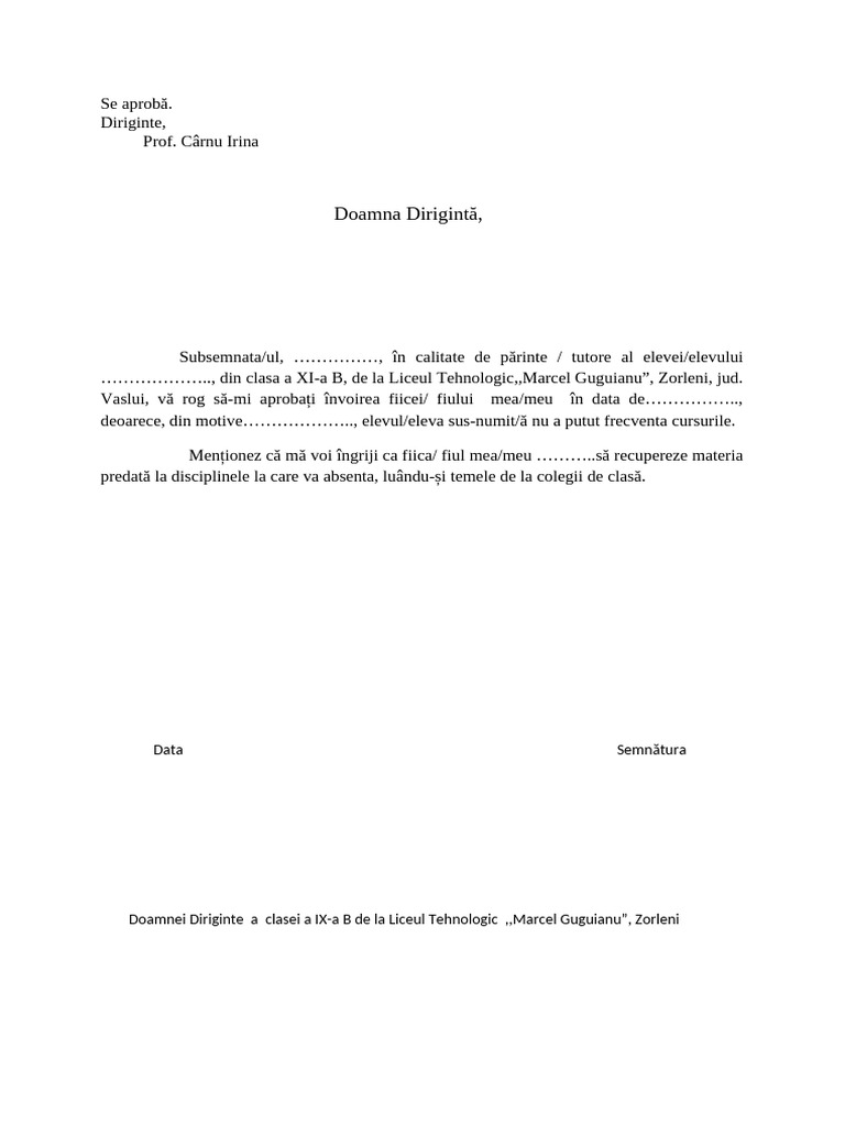 Model Cerere de Învoire | PDF
