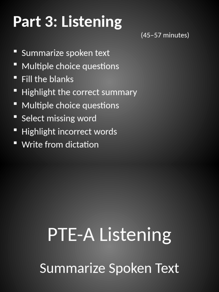 PTE-A Listening: Summarize Spoken Text Guide | PDF | Multiple Choice | Word