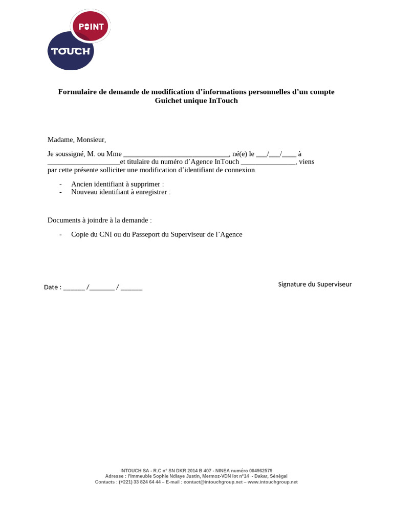Demande de modification d'identifiant InTouch | PDF