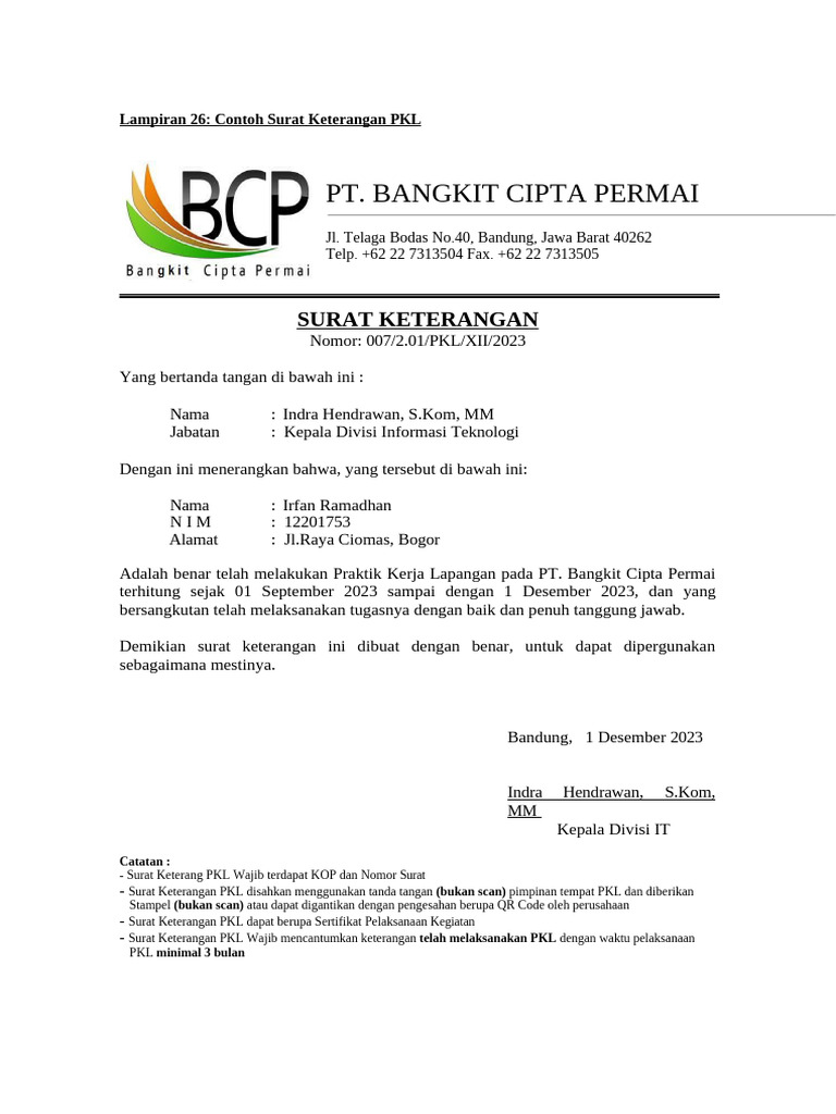 Contoh Surat Keterangan PKL Perusahaan | PDF