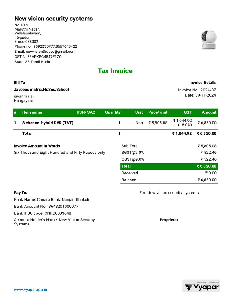 Invoice for New Vision Security Systems | PDF