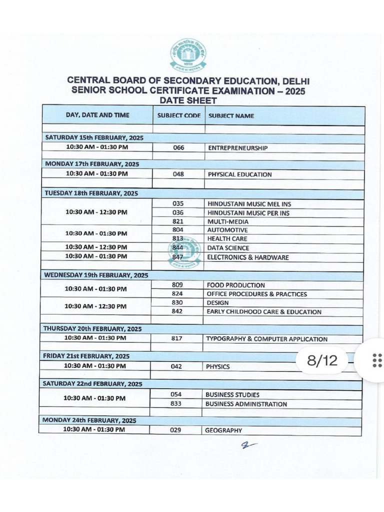 Class XII Board Datesheet 2024-25 | PDF