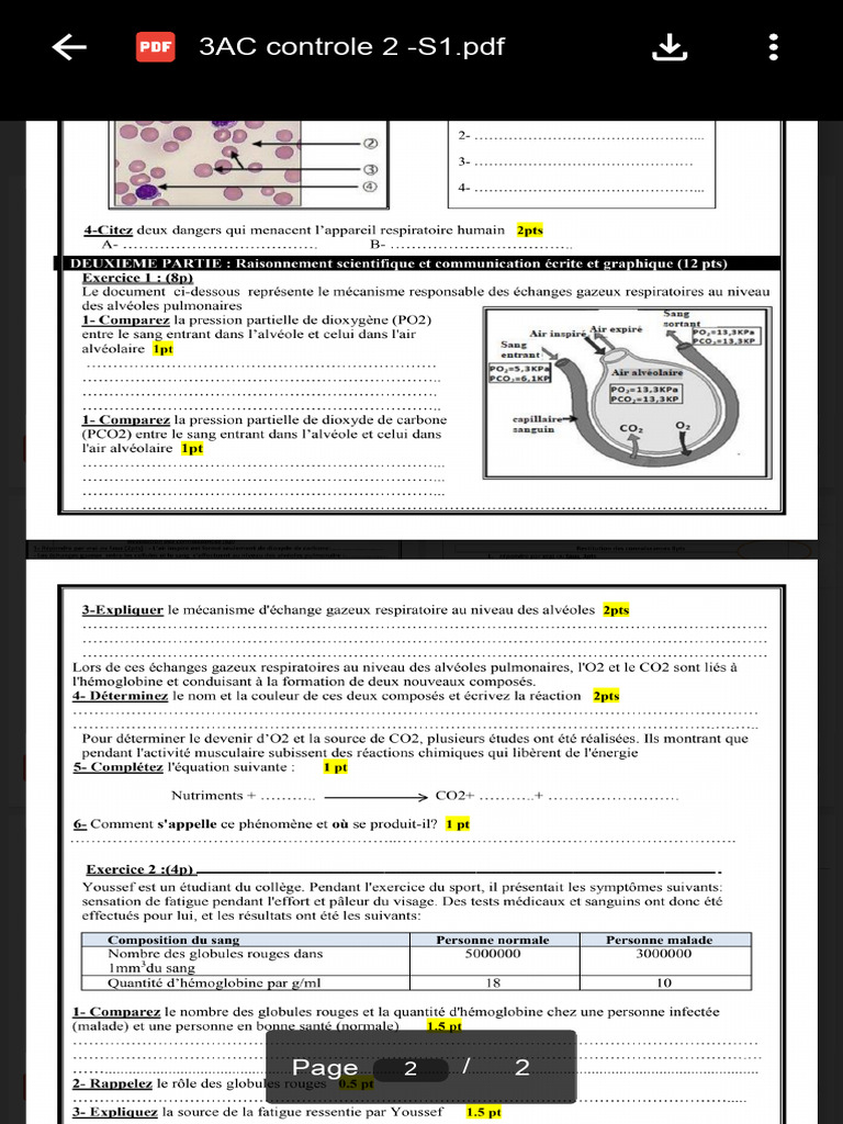 Contrôle SVT 2 S1 - Échanges Gazeux | PDF | Respiration | Médecine clinique