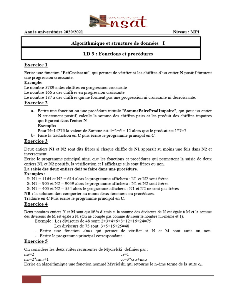 Fonctions et procédures en algorithmique | PDF | Entier naturel ...