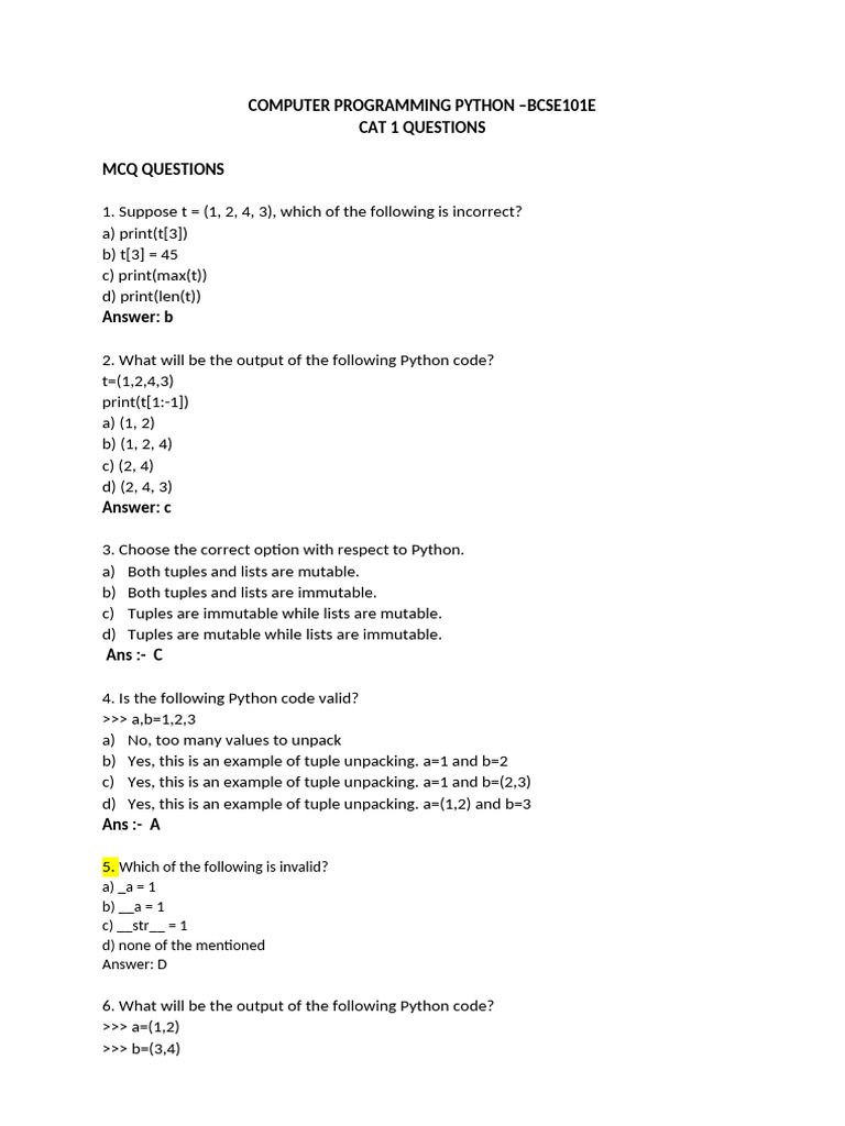 MCQs on Python Dictionaries and Tuples | PDF | Control Flow | Computer ...