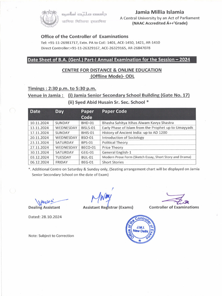 Date Sheet Bachelor of Arts Part-I, II, III (Distance Mode) (Odl Mode ...