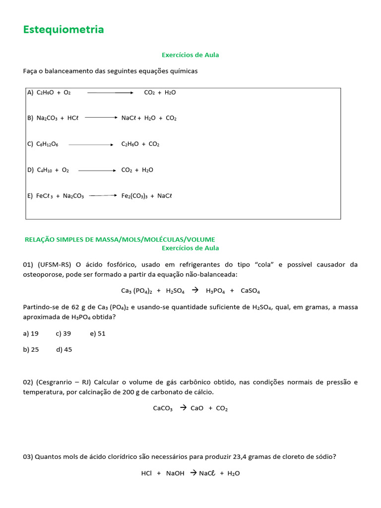 Exercícios de Estequiometria Química | PDF | Enxofre | Dióxido de carbono