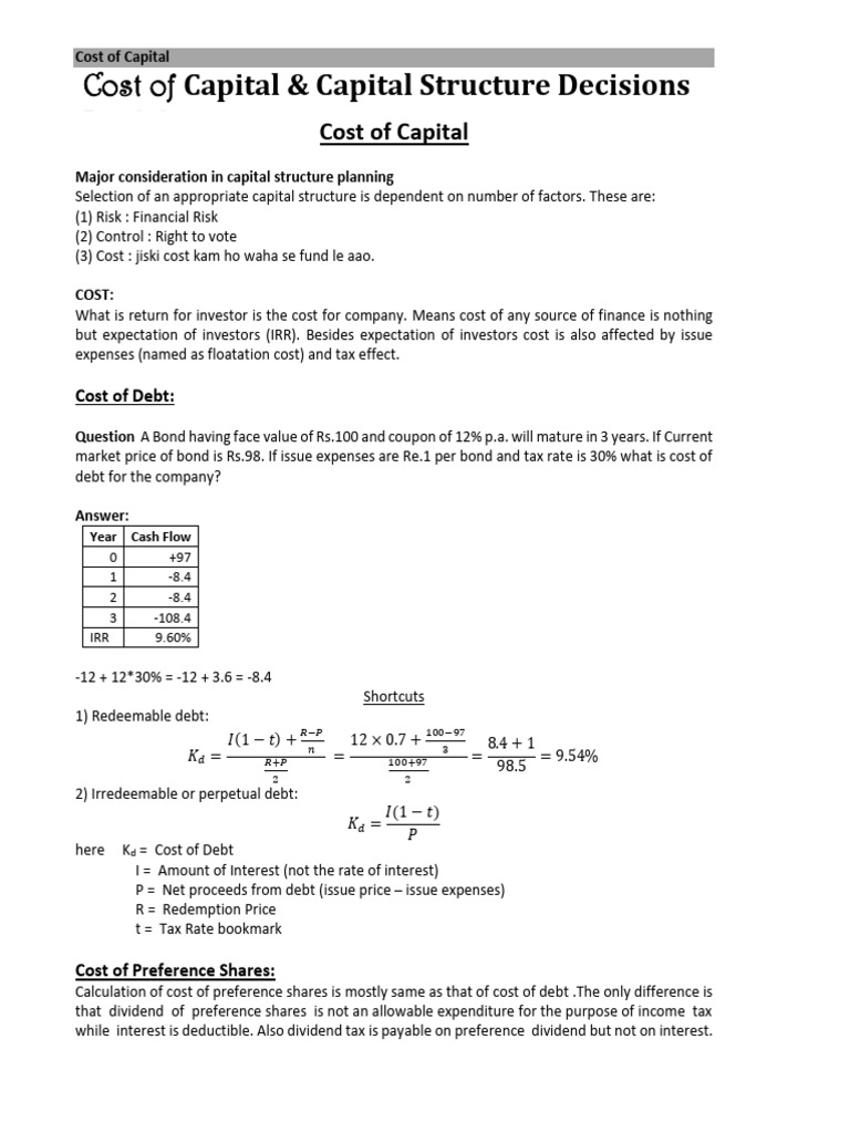 Understanding Cost of Capital Calculations | PDF | Cost Of Capital ...