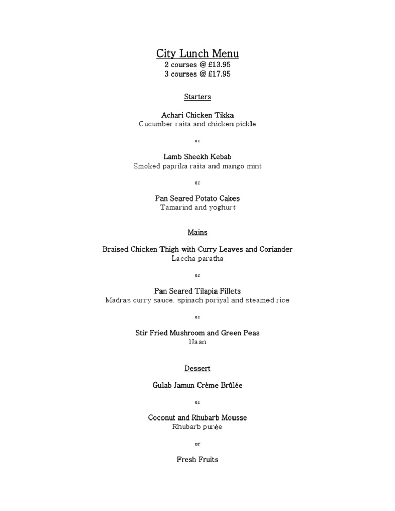 City Lunch Menu | PDF | Cooking, Food & Wine