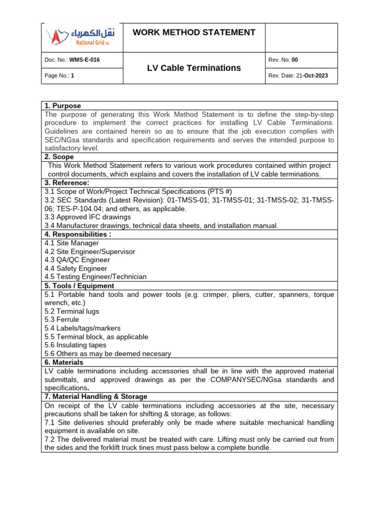LV Cable Termination Work Method Statement | PDF | Specification ...