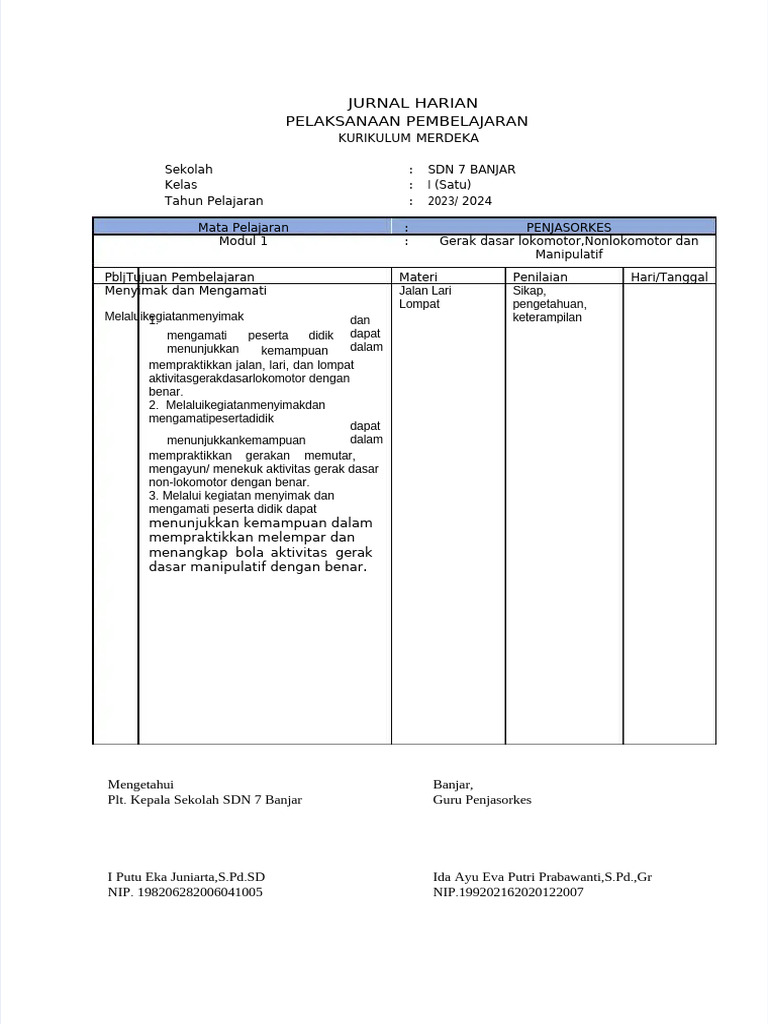 Jurnal Harian Penjas Kelas 1 Kurikulum Merdeka | PDF
