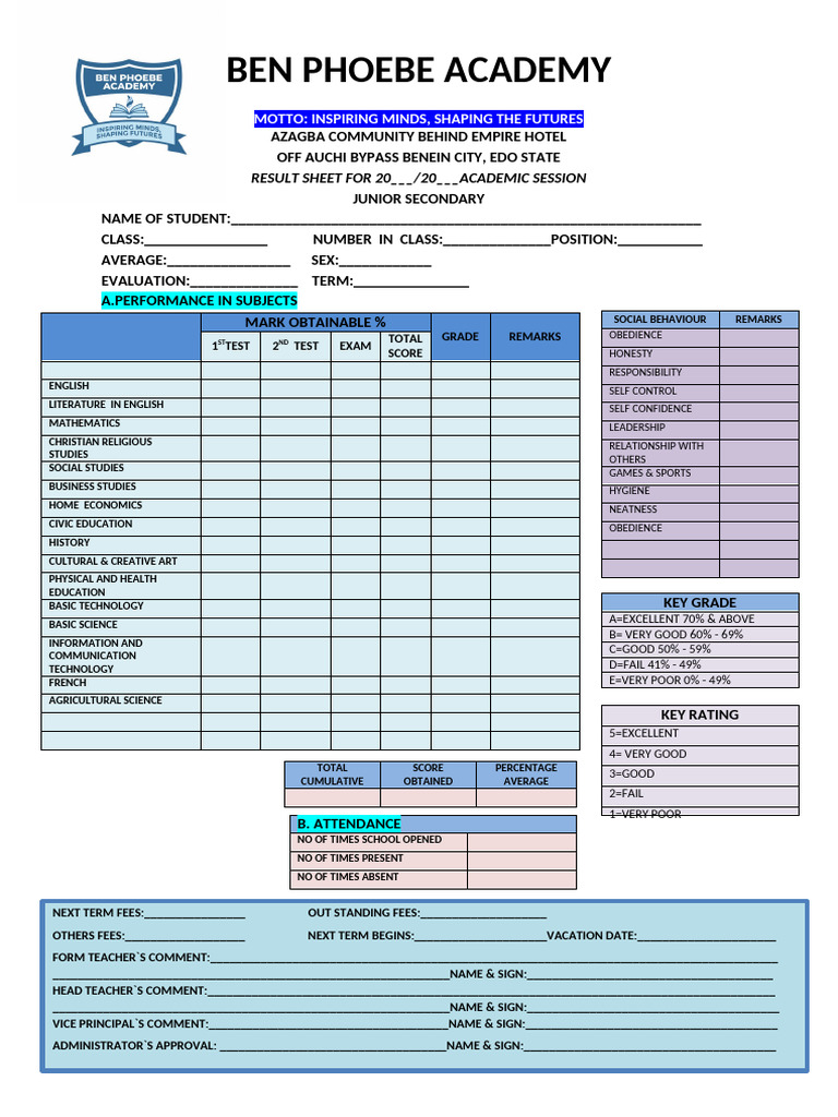 Junior Secondary School Result Sheet | PDF