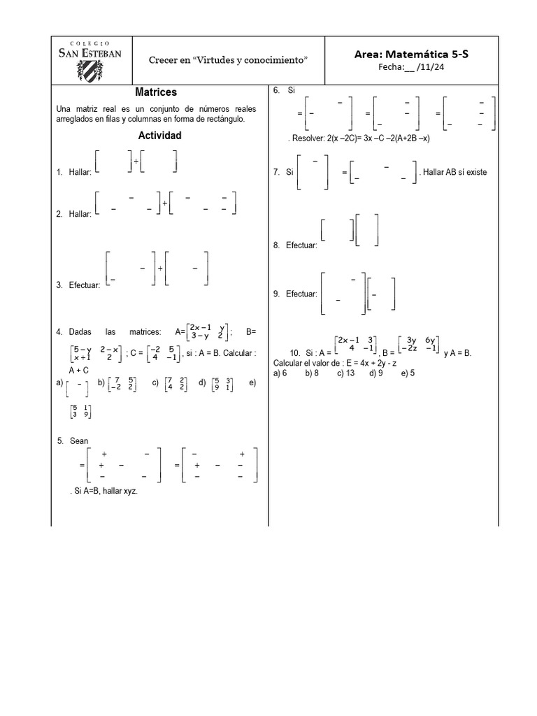 Problemas de Matrices para 5° Grado | PDF | Matriz (Matemáticas ...
