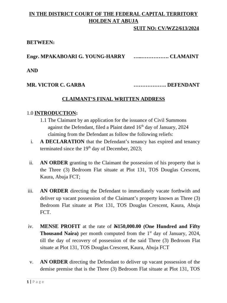 Claimant's Final Written Address for Eviction | PDF | Leasehold Estate ...