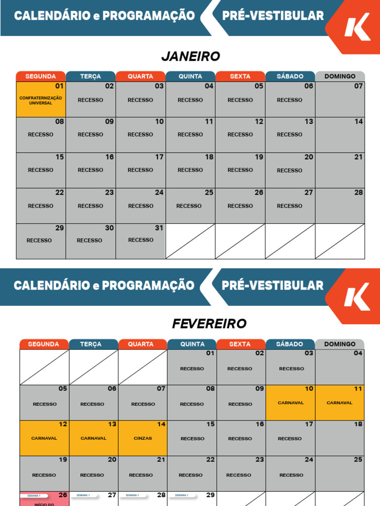 Calendário e Programação Pré-Vestibular | PDF