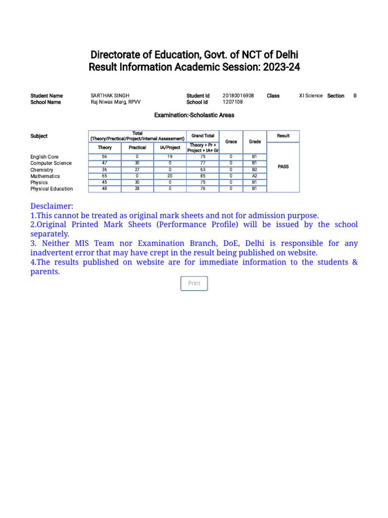 Class XI Science Result 2023-24 | PDF