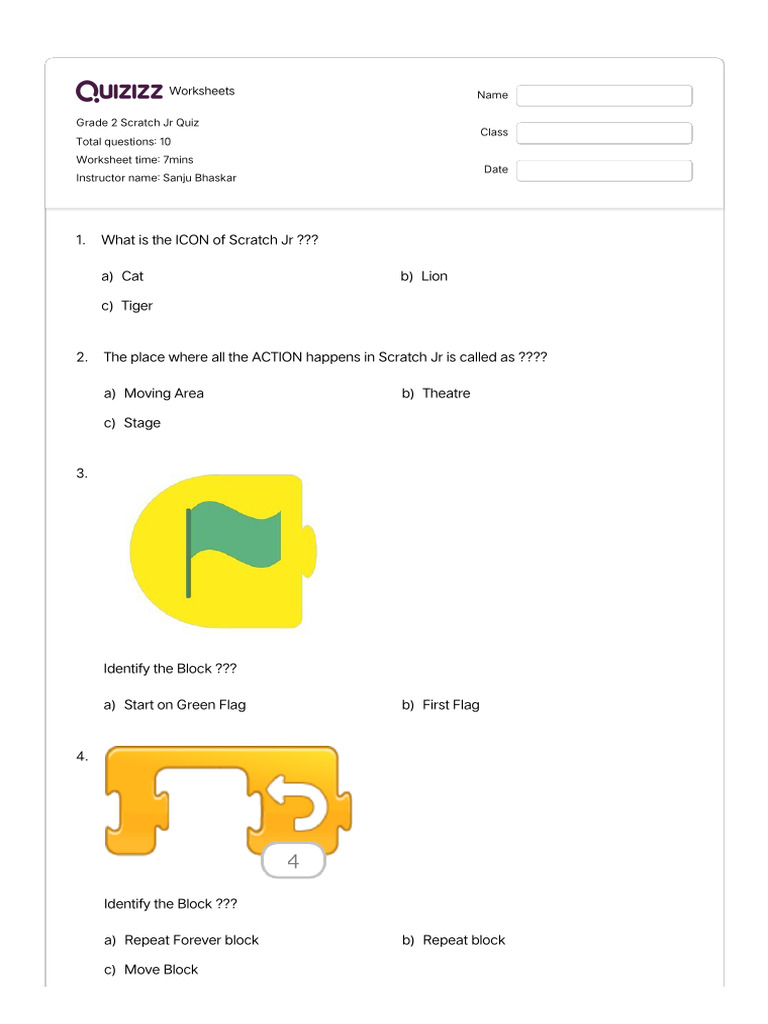 Grade 2 Scratch Jr Quiz Worksheet | PDF