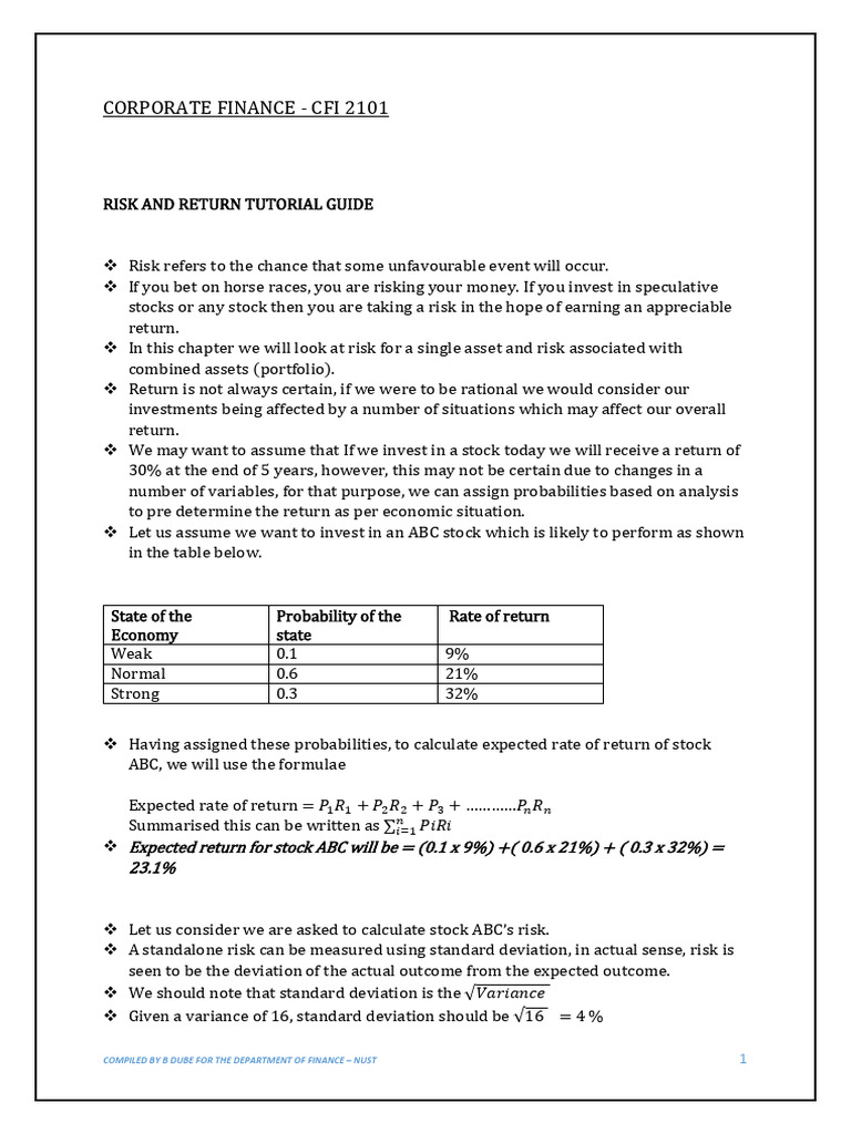 CFI 2101 - Risk and Return Tutorials | PDF | Standard Deviation | Beta ...