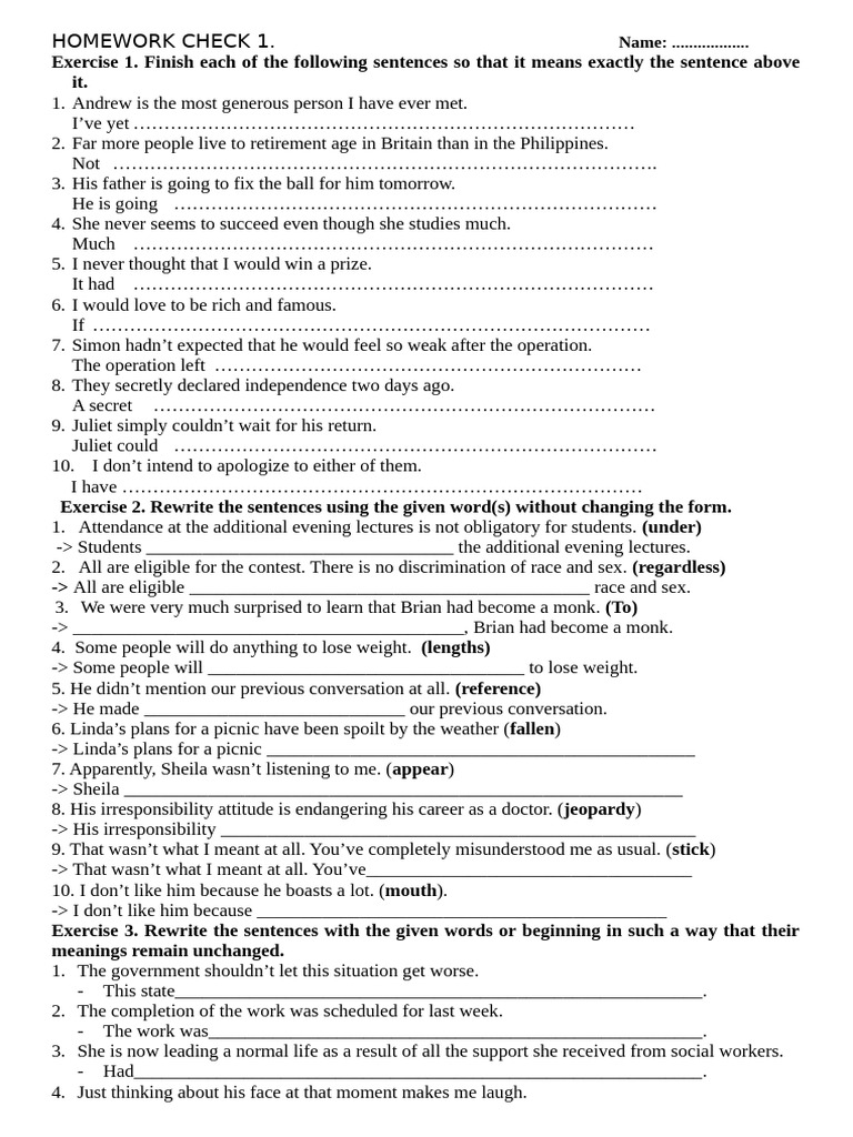 Homework Check 1. Sentence Transformation 1 | PDF