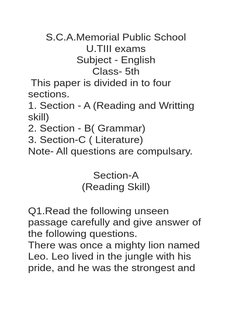 Class 5 English Exam Paper Guide | PDF | Syntax | Grammar