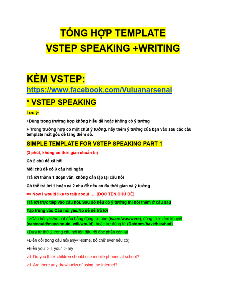 T NG H P TEMPLATE VSTEP WRITING AND SPEAKING | PDF