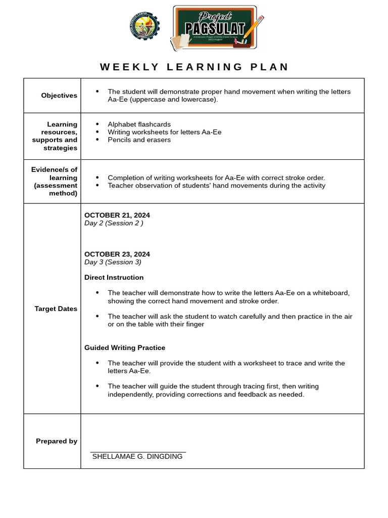 Weekly Learning Plan: Writing Aa-Ee | PDF