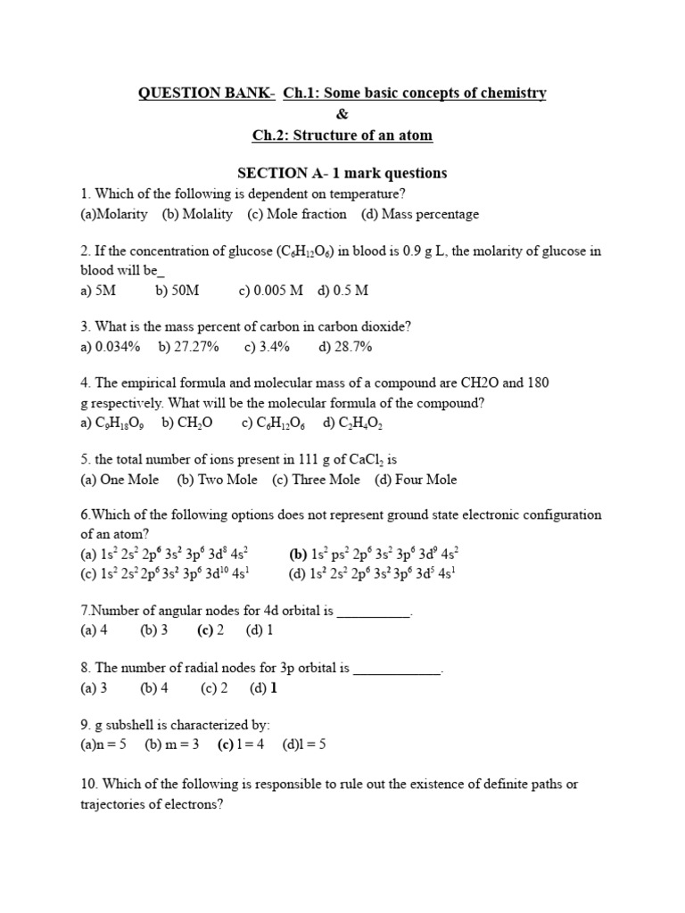Question Bank - Ch.1 & Ch.2 - XI Sci | PDF | Atoms | Proton