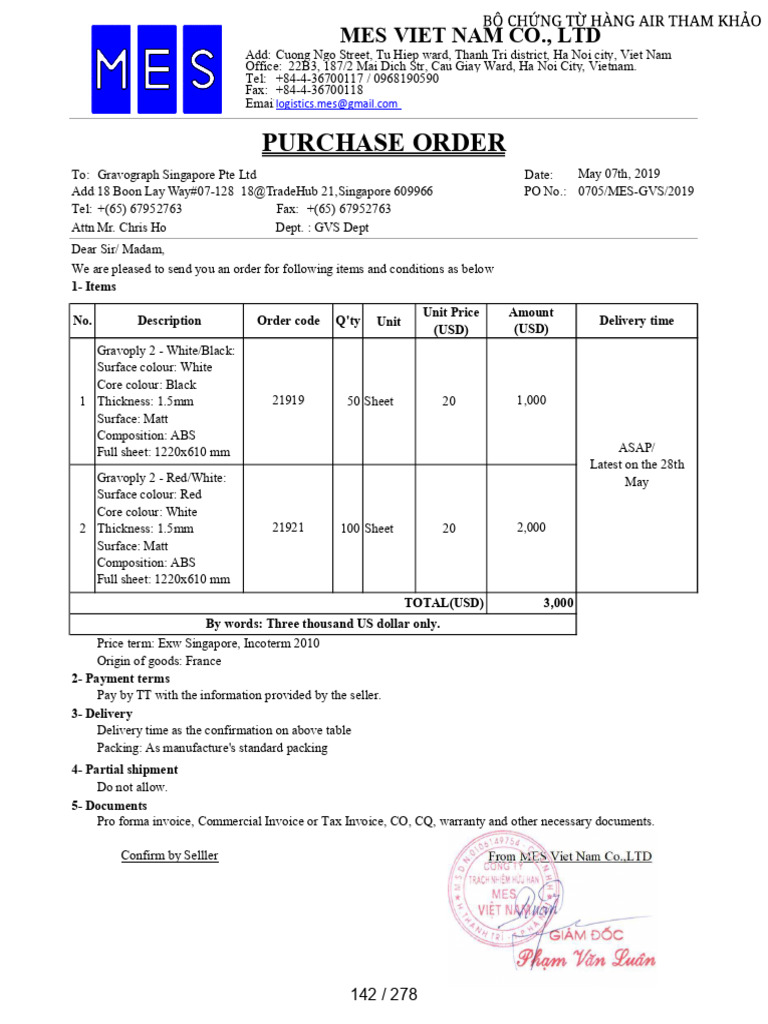 Purchase Order: 1-Items No. Description Q'ty Unit Unit Price (USD ...