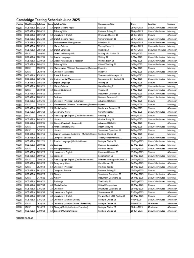 Cambridge June 2025 Testing Schedule | PDF | Science