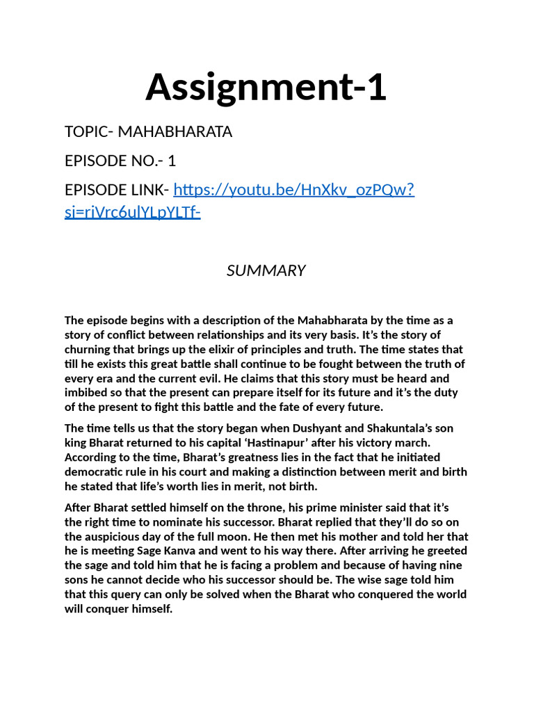 Mahabharata Episode 1 Summary | PDF