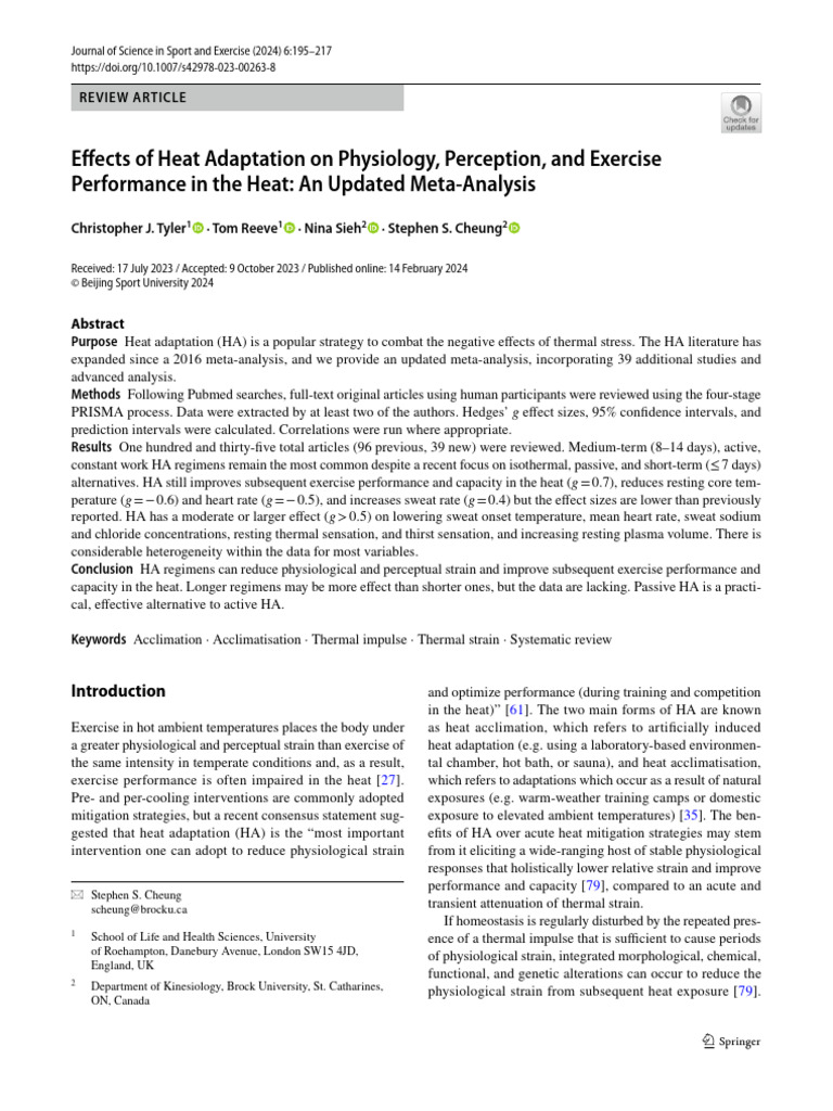 Effects of Heat Adaptation On Physiology, Perception, and Exercise ...