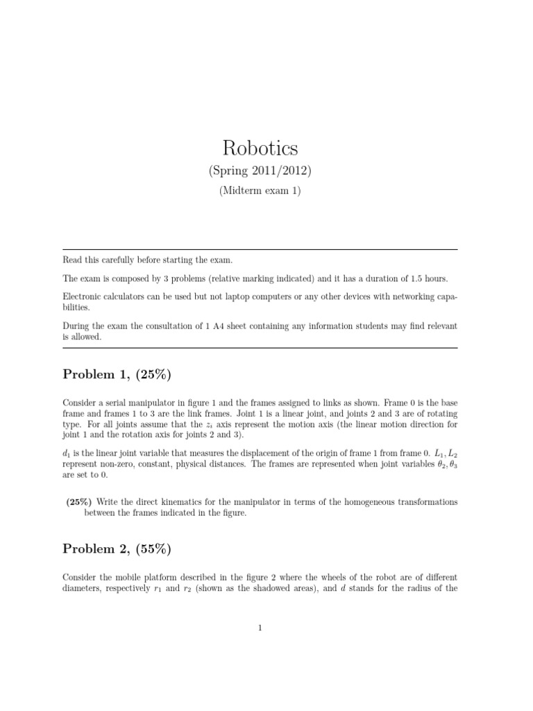 Robotics Midterm Exam Overview | PDF