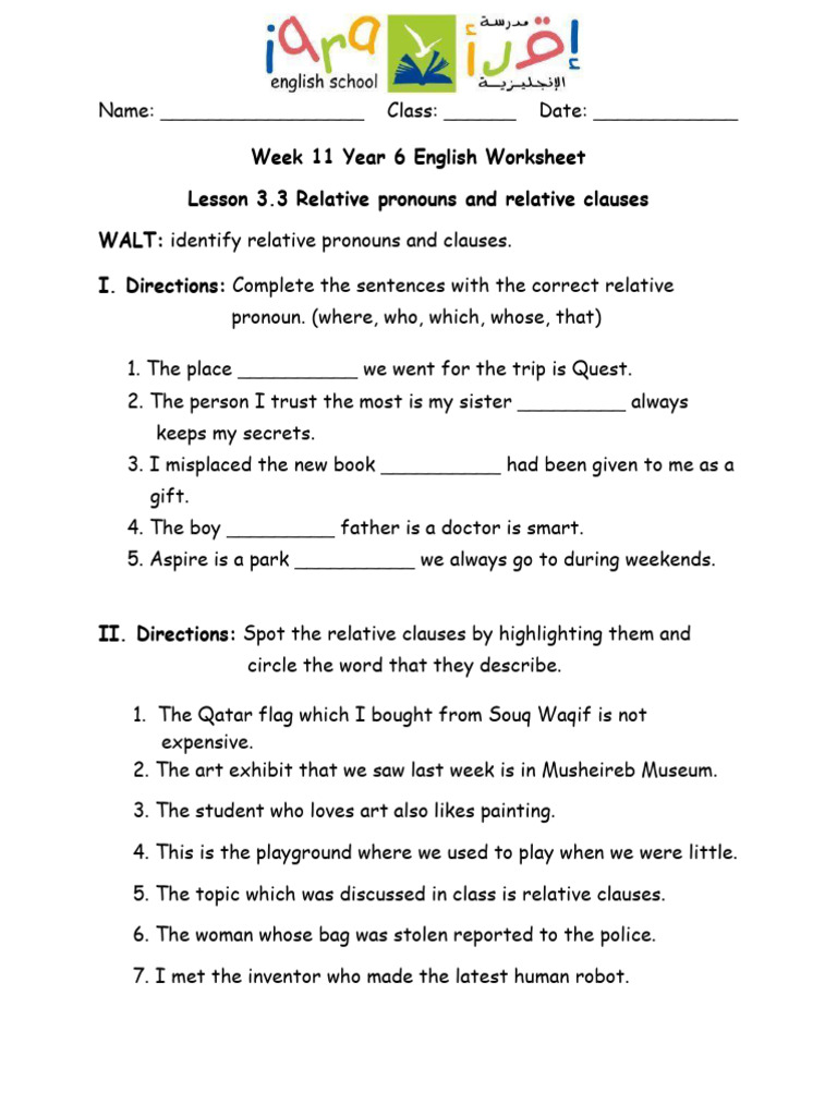 Year 6 English: Relative Pronouns Worksheet | PDF