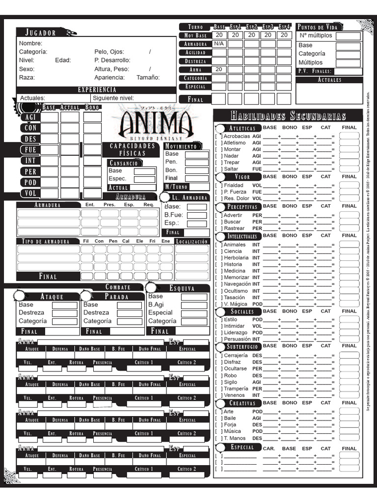 Ficha de Personaje para Anima RPG | PDF