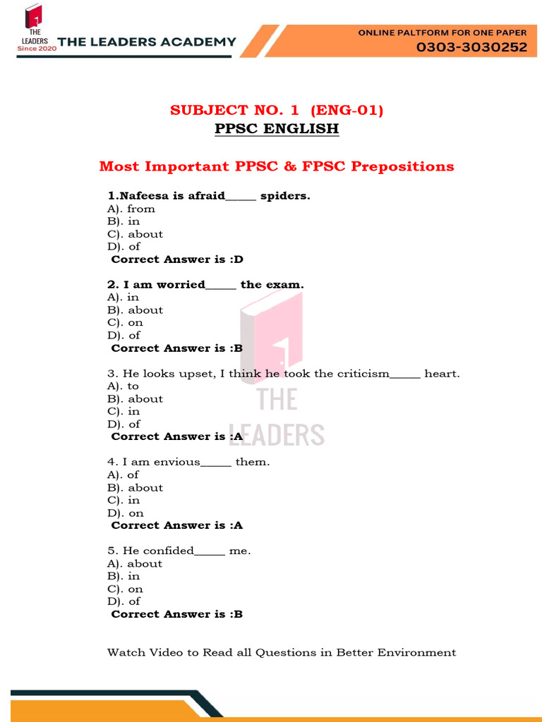 Essential Preposition Practice Questions | PDF