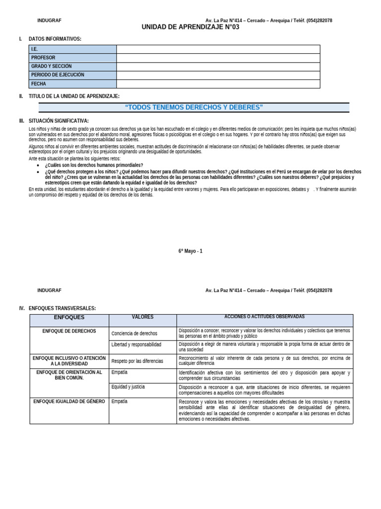 6° Grado - Unidad de Aprendizaje N°03 | PDF | División (Matemáticas ...