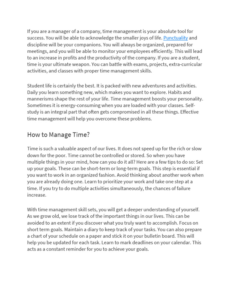 Management of Time Essay | PDF